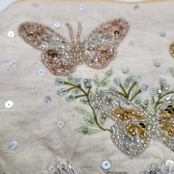 Fringe Beaded Sequins Tassle Cream Makeup Bag or Clutch Metallic Cotton Linen - Picture 5 of 9